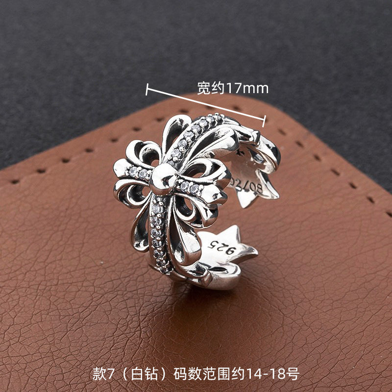 S925 sterling silver chrome hearts cross flower retro open ring