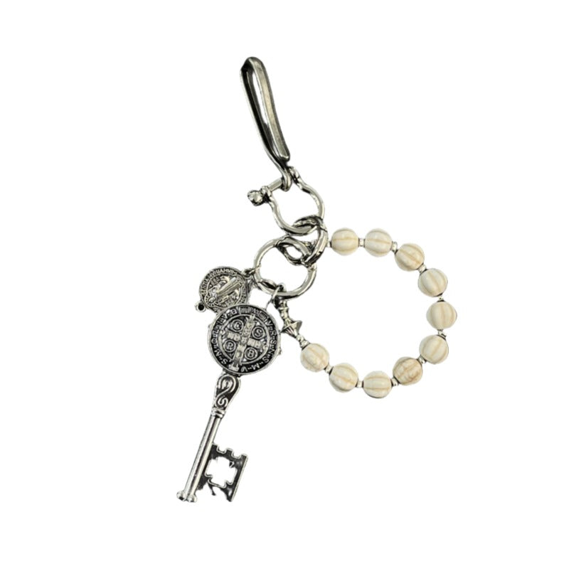 White Cracked-Stone Bead & Black-Silver Disc Key Fob
