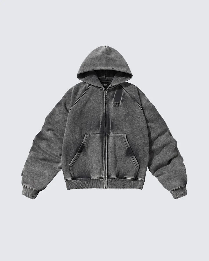 Distressed washed and pleated hooded sleeves