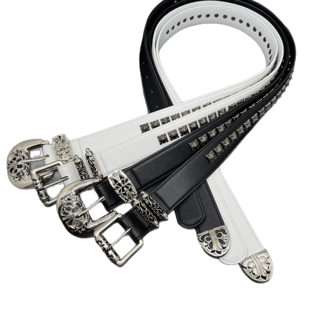 Chrome Hearts cross studded hollowed-out pin buckle leather belt.