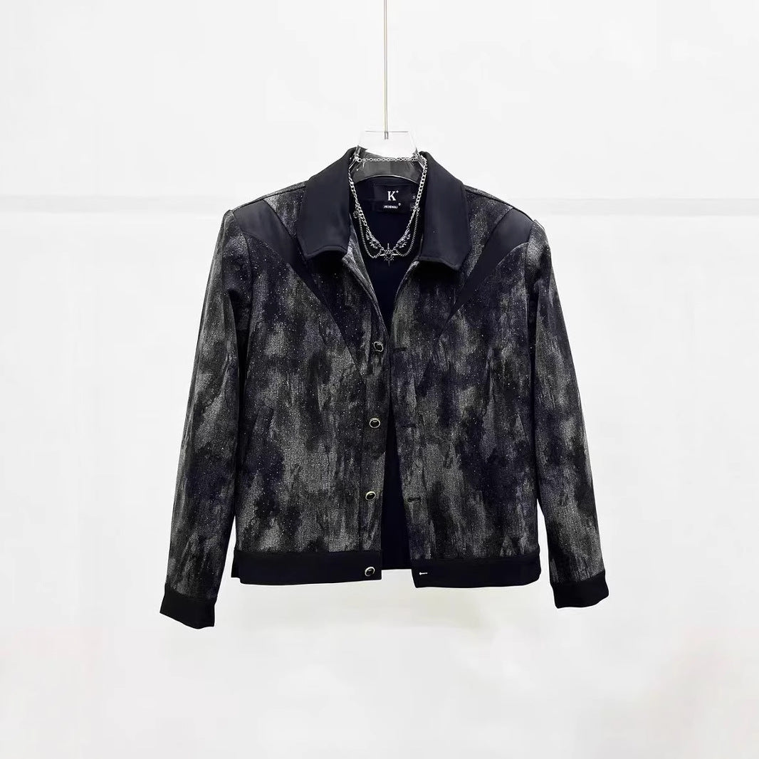 Fashionable urban patchwork tie-dye washed check jacket