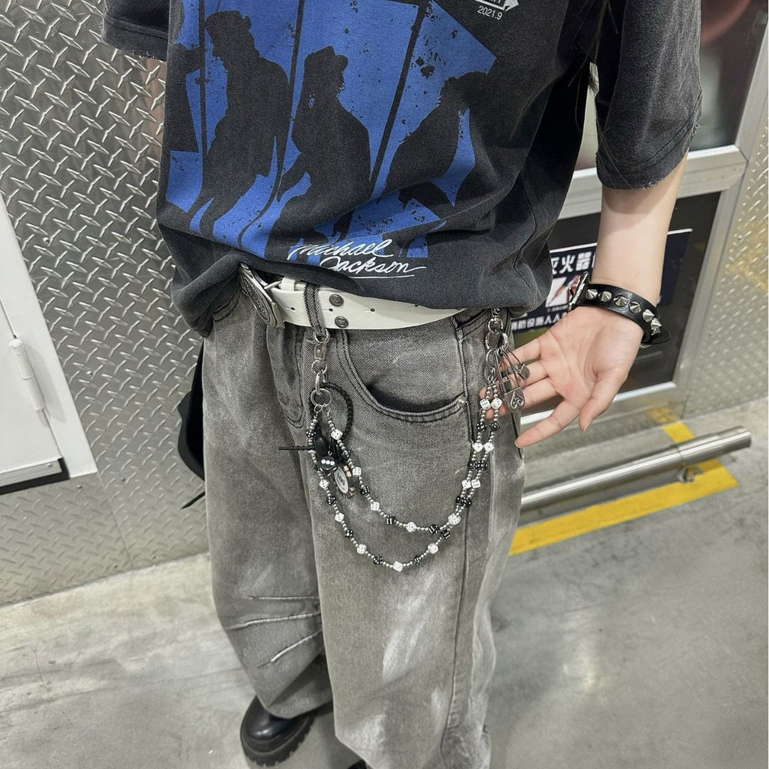 Distressed Double-Layer Black & White Dice and Pearl Pant Chain