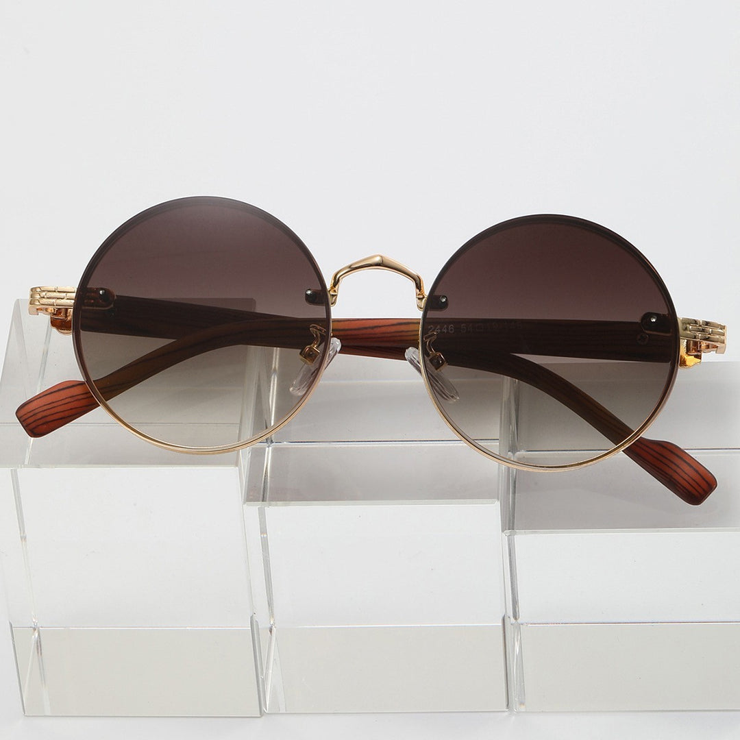Retro round punk metal sunglasses with wood grain temples