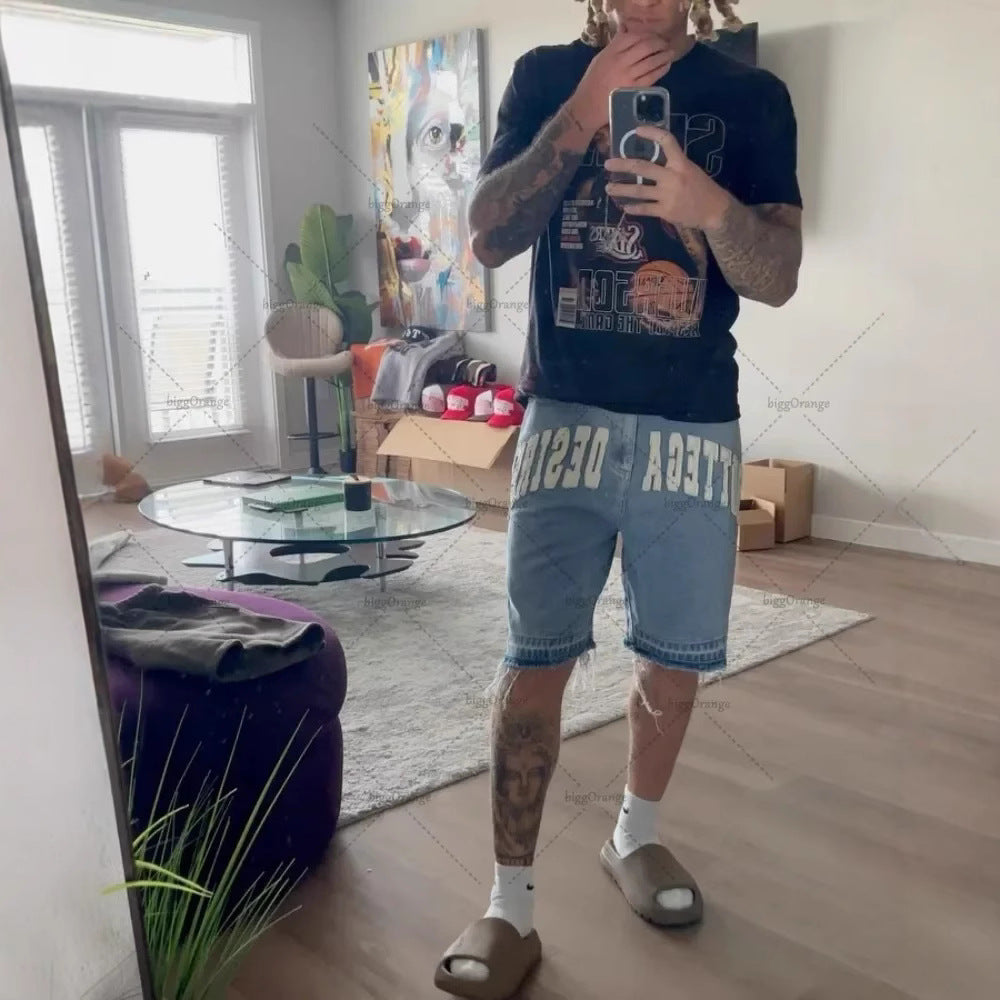 Y2K Embroidered Bone Casual Pants Loose Denim Shorts