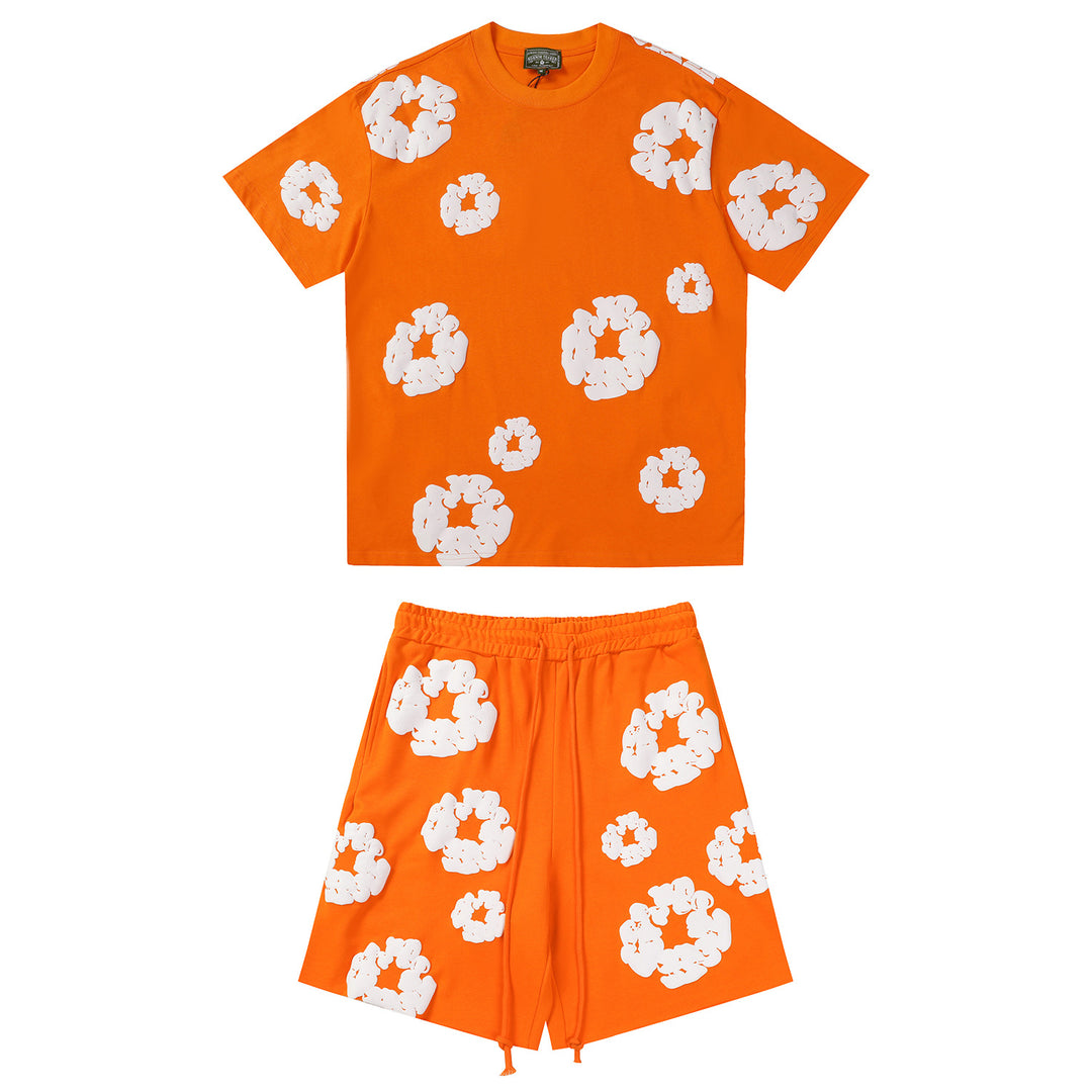 Foamed Kapok Flower Loose-Fitting Short-Sleeved Shorts