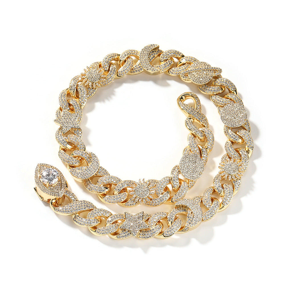 Hip-hop zircon-encrusted sun, star and eye necklace