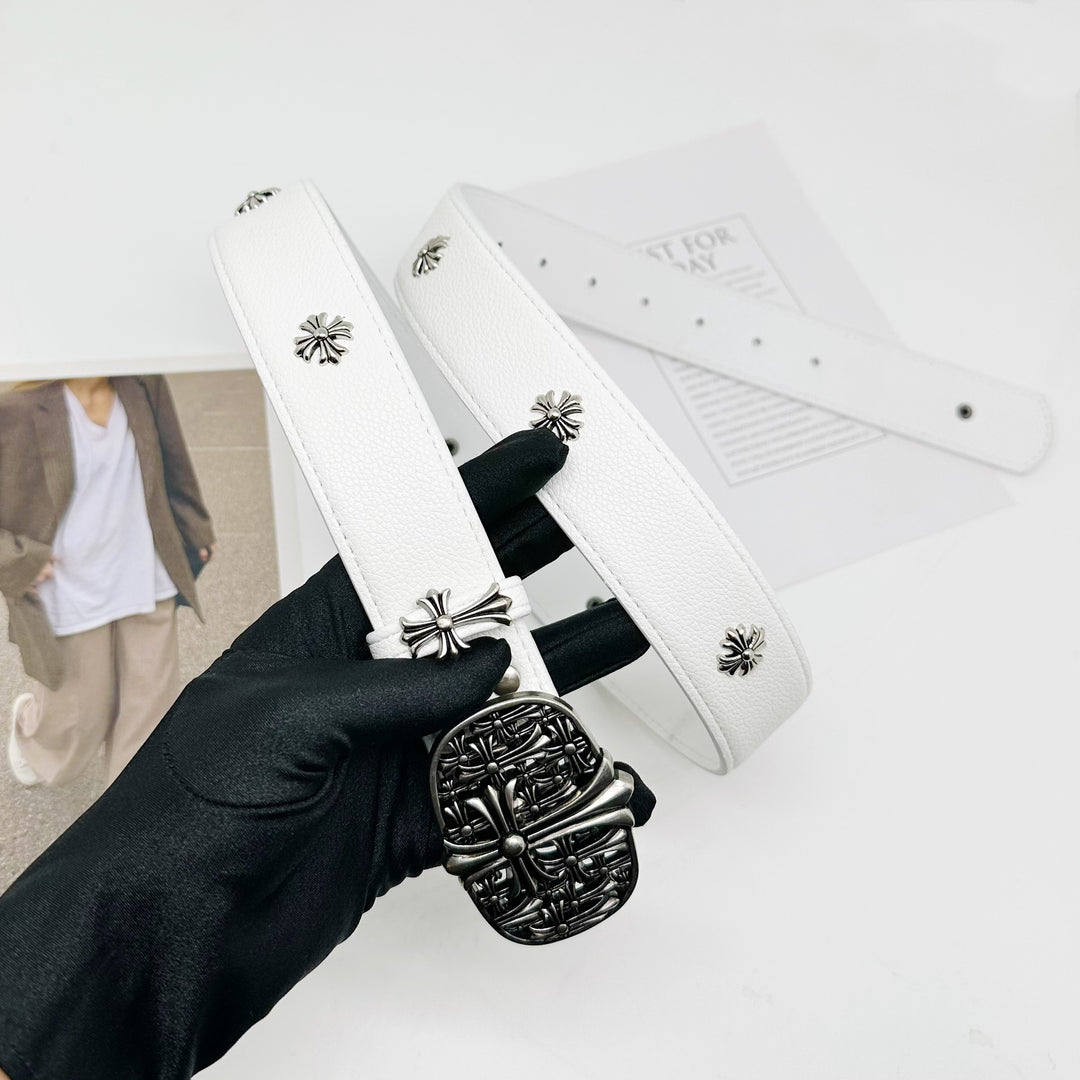 Chrome Hearts Cemetery Cross Classic PU Leather Belt with Rivets