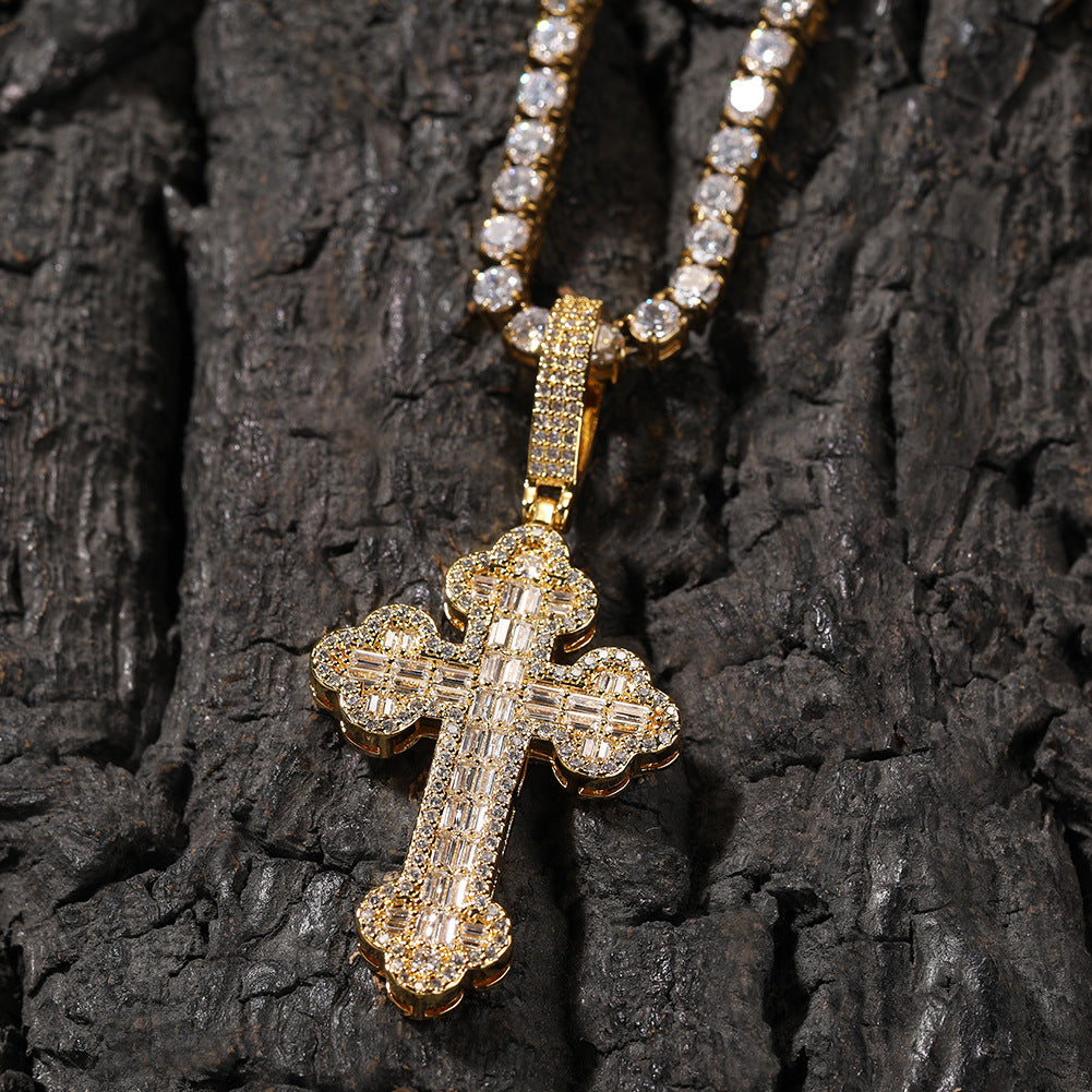 Hip-hop large diamond-encrusted cloud cross pendant
