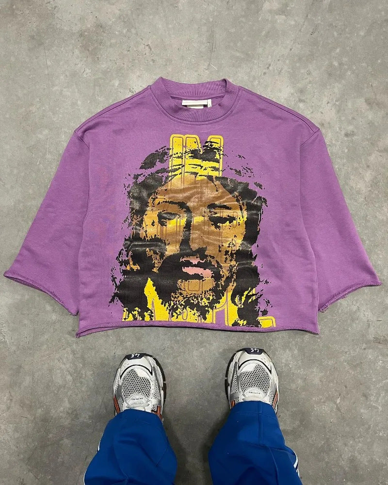 Graffiti print trendy T-shirt, three-quarter sleeve top