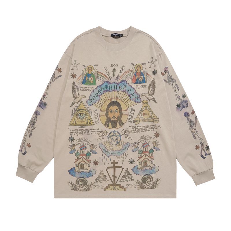 Skull angel print vintage distressed long - sleeve
