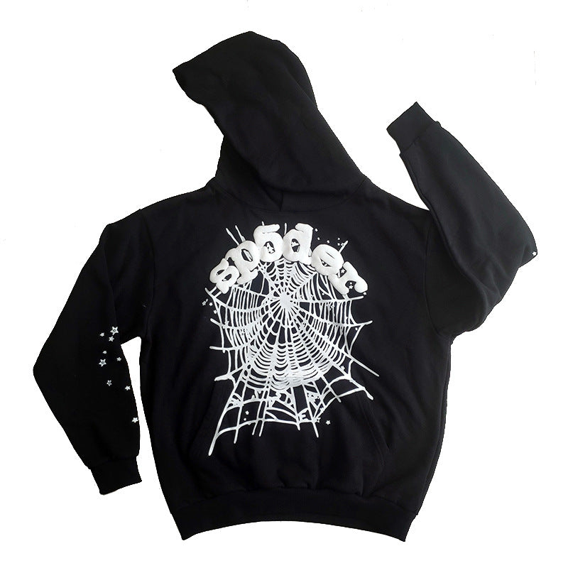 Sp5der fleece-lined hoodie with spiderweb print.