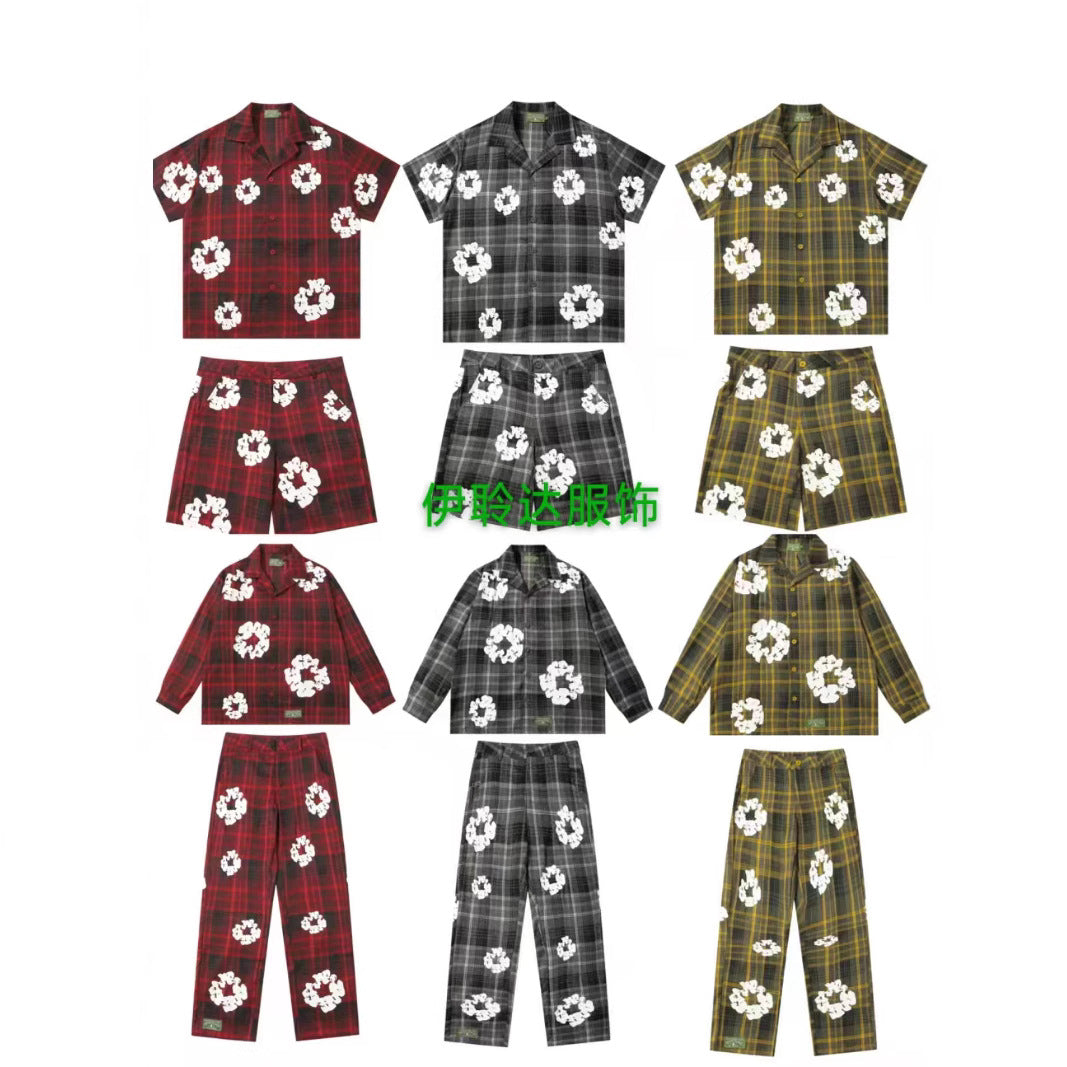 Kapok flower foam print plaid shirt set