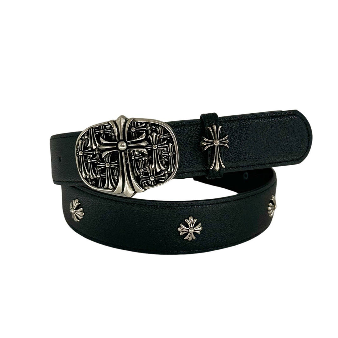 Chrome Hearts Cemetery Cross Classic PU Leather Belt with Rivets