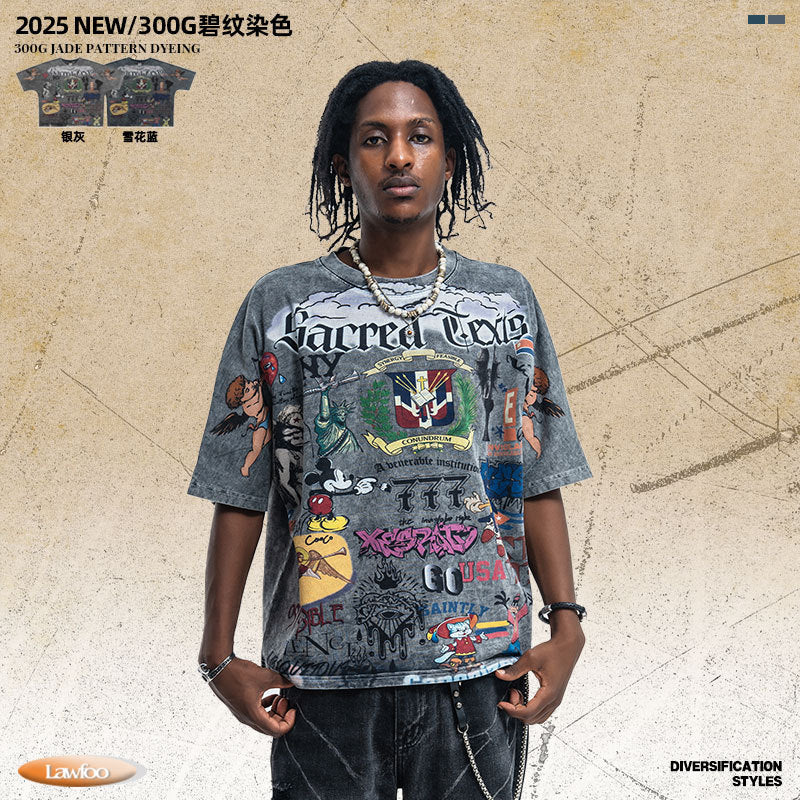 Vintage-Style All-Over Cartoon Print T-Shirt Washed & Distressed