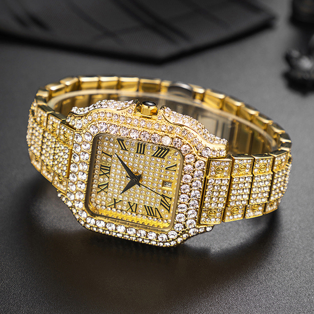 Hip-Hop Square Quartz Watch with Full Diamonds and Roman Markers