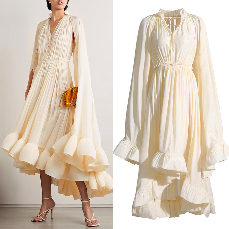 French Palace Style V-Neck Long Sleeve Shawl Pleated Ruffle Dress