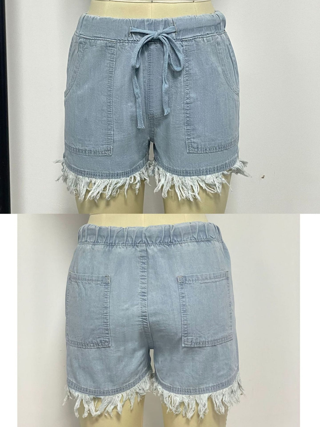 High-Waisted Denim Shorts with Elastic Waist and Fringed Hem
