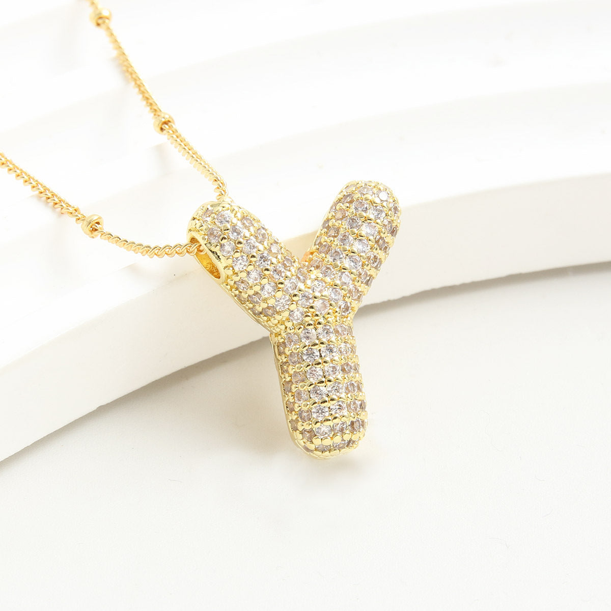 Bubble Initial Necklace 14k Gold Plated Cubic Zirconia