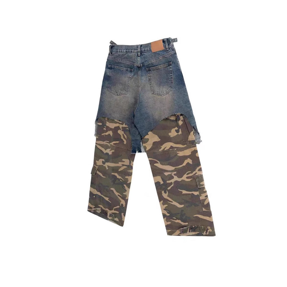Patchwork distressed camouflage jeans