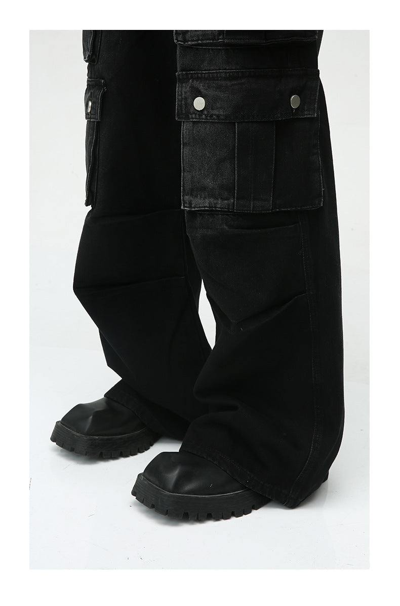 Heavy-Duty Retro Multi-Pocket Cargo-Style Wide-Leg Jeans