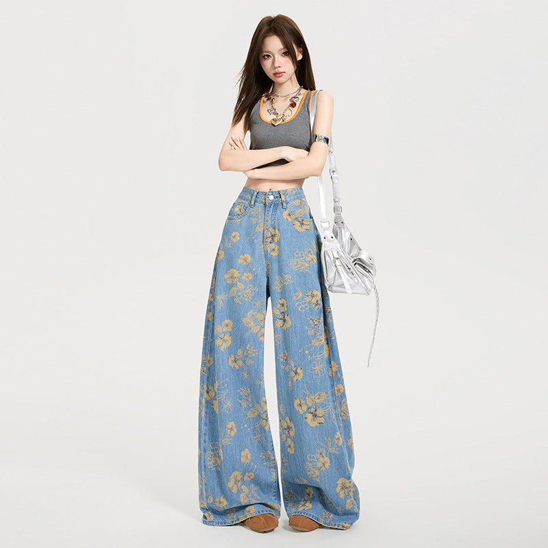 Y2K Floral Print Loose-Fit Flared Denim Trousers