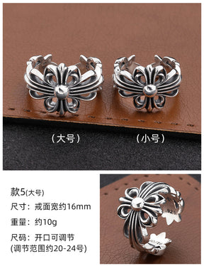 S925 sterling silver chrome hearts cross flower retro open ring