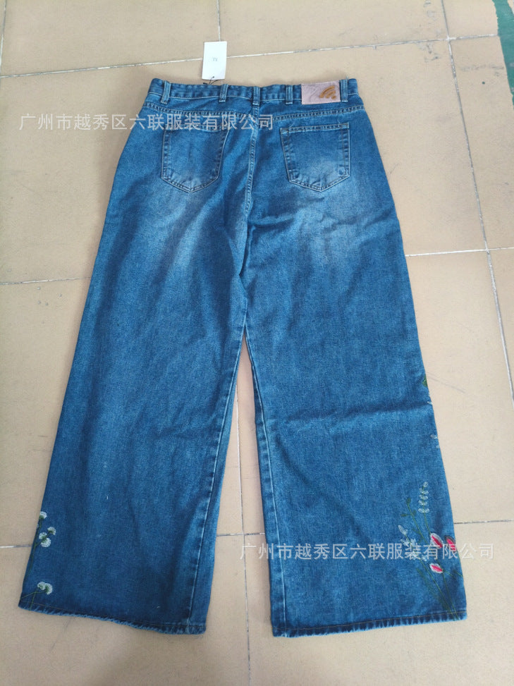 Y2K Loose-Fit Wide-Leg Patchwork Jeans with Floral Embroidery