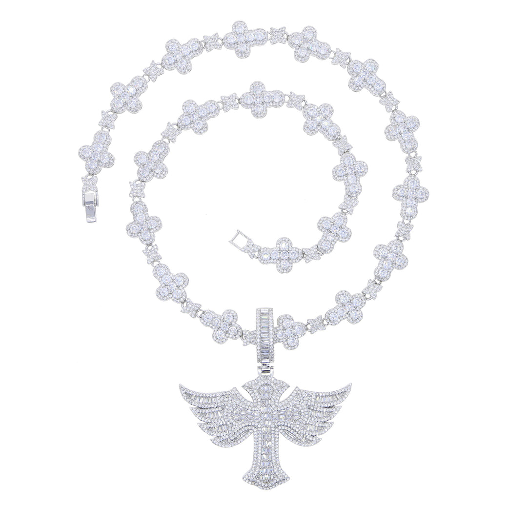 Hip Hop Winged Cross Zirconia Pendant Necklace