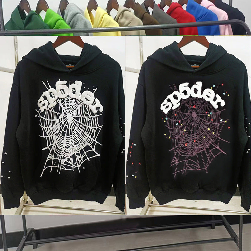 Sp5der fleece-lined hoodie with spiderweb print.