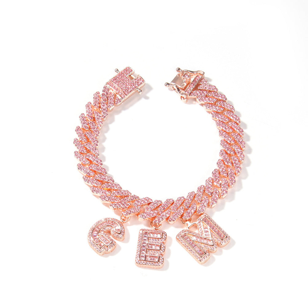 Pink diamond-set custom letter Cuban chain bracelet and necklace