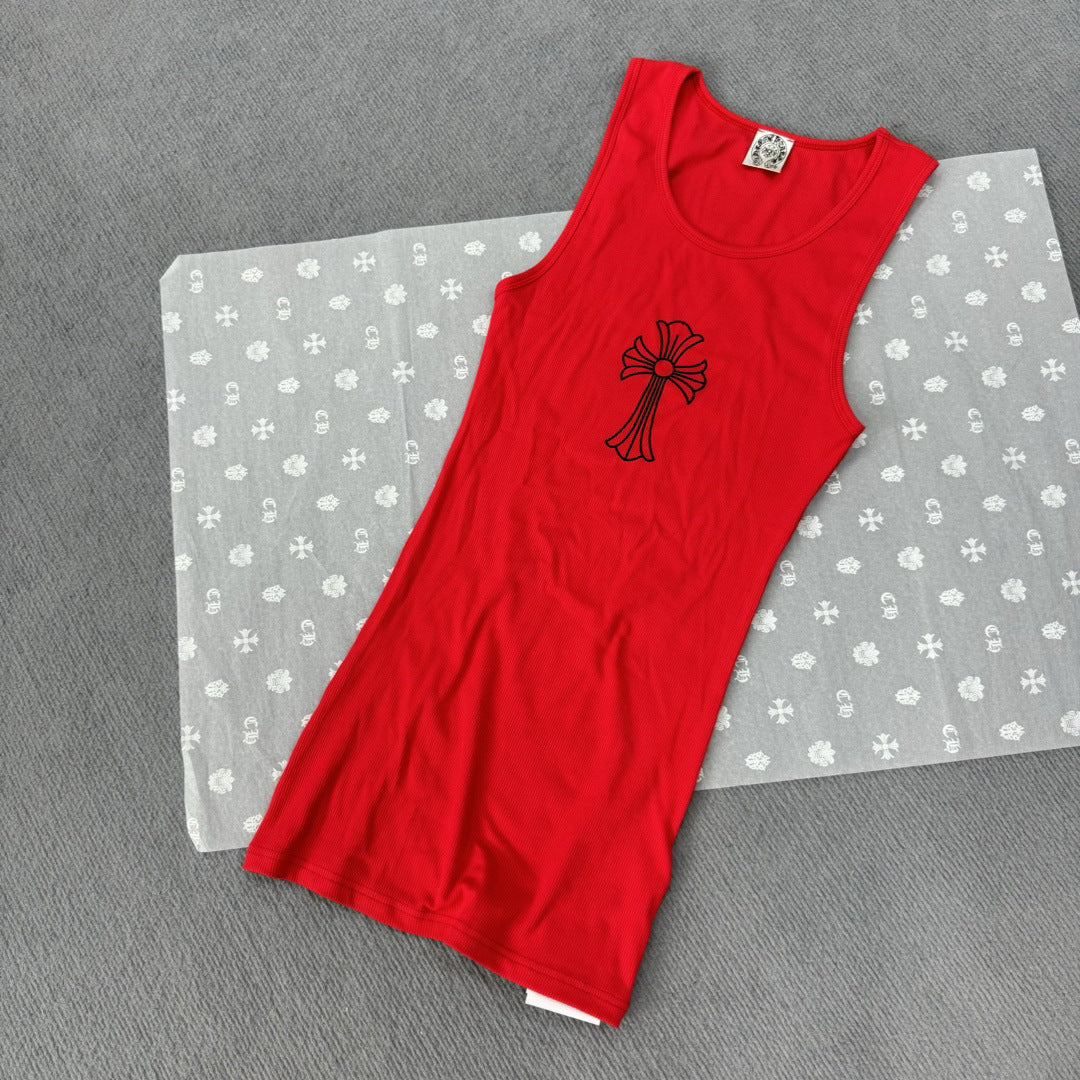 Chrome Hearts red T-shaped medieval cross print vest skirt