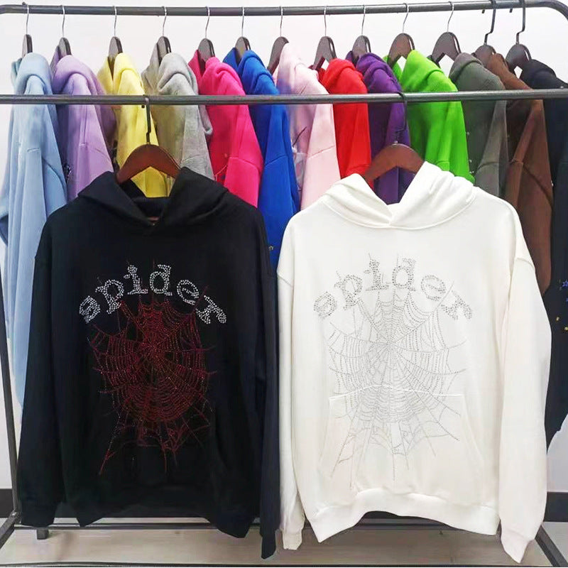 Sp5der fleece-lined hoodie with spiderweb print.