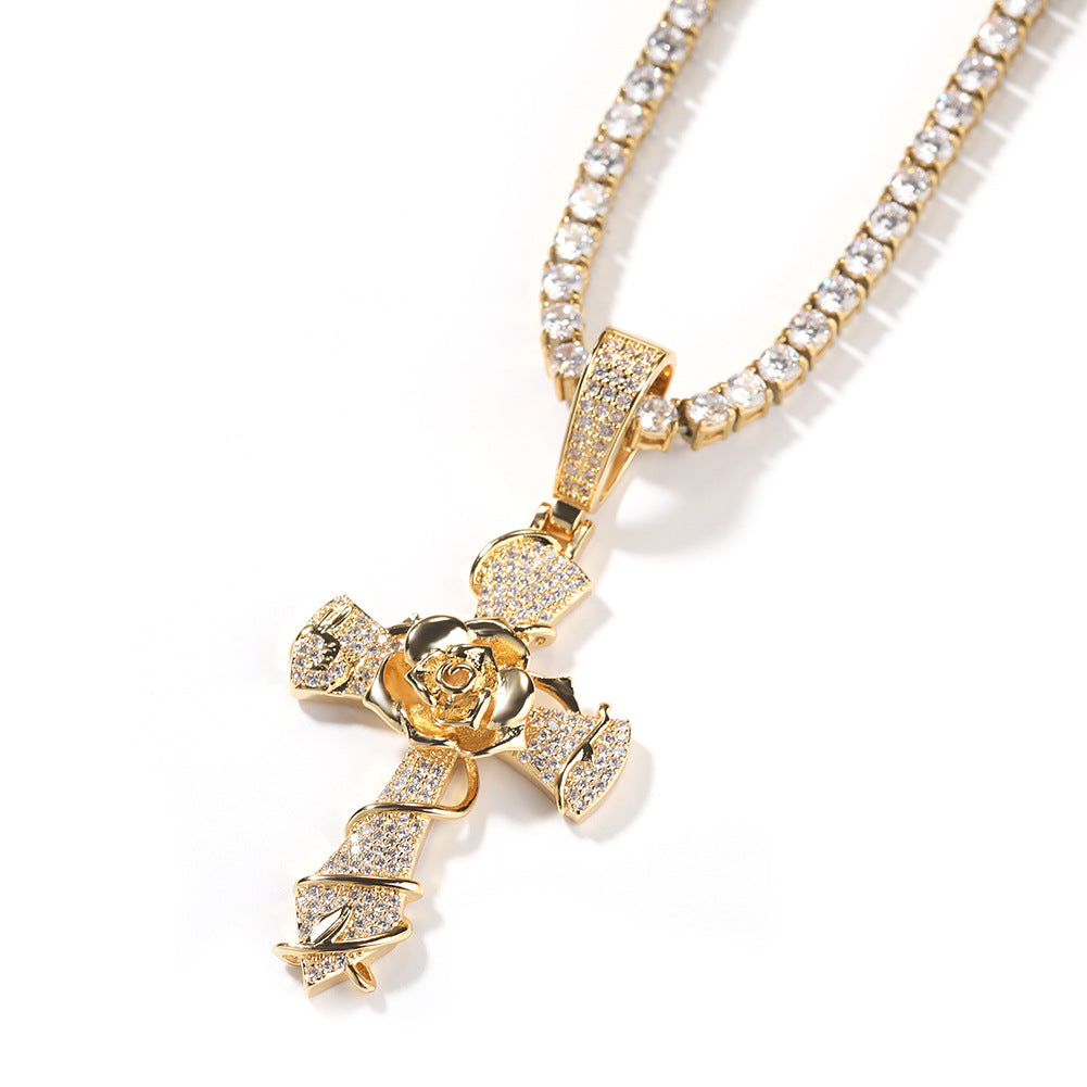 Hip-hop rose cross necklace with 5A zircon inlay