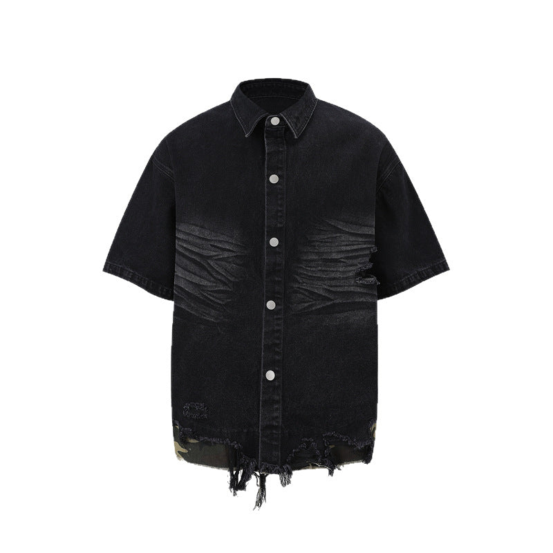 Raw-Hem Leopard-Print Patchwork Denim Shirt & Shorts Set