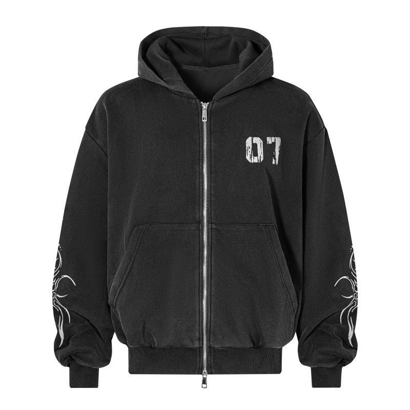 07 Dark style embroidered zip-up hooded sweatshirt