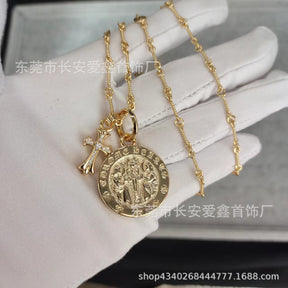 Chrome Hearts Gold Diamond Small Cross Pendant Angel Medal Necklace