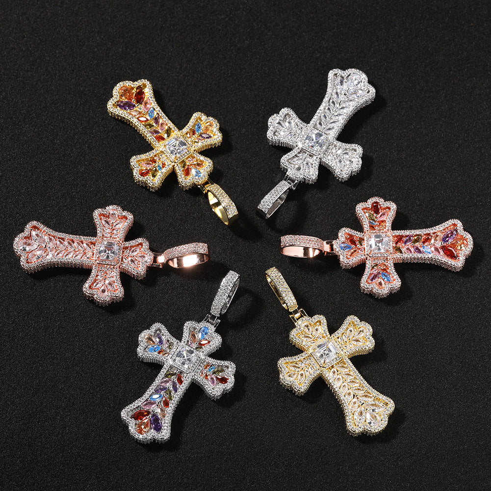 Hip-hop full diamond colorful wheat ear cross pendant