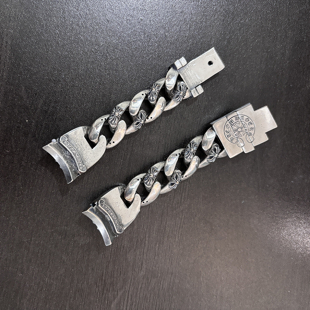 Chrome Hearts blue diamond-encrusted cross flower watch chain