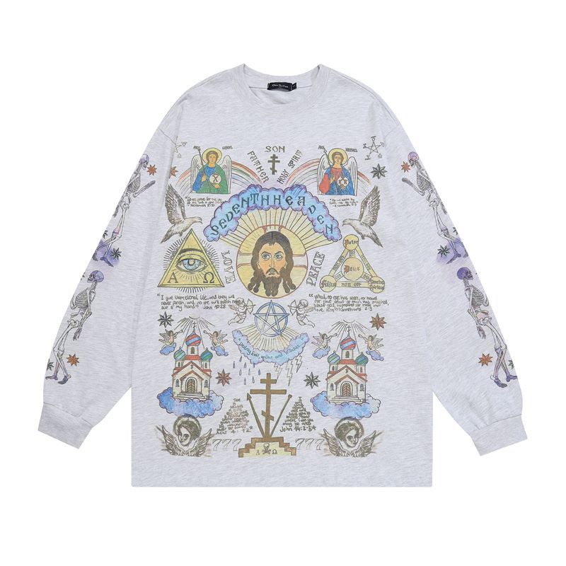 Skull angel print vintage distressed long - sleeve