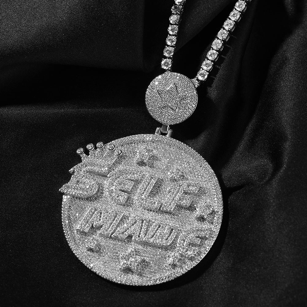 Self made hip-hop large diamond-encrusted disc necklace