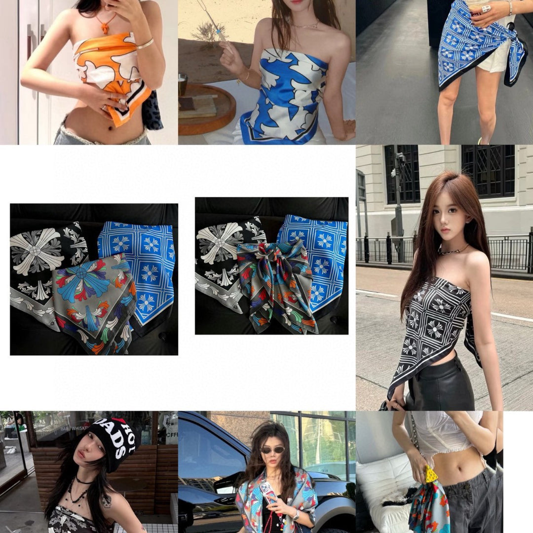 Chrome Hearts-Style All-Over Print Silk Bandeau Top