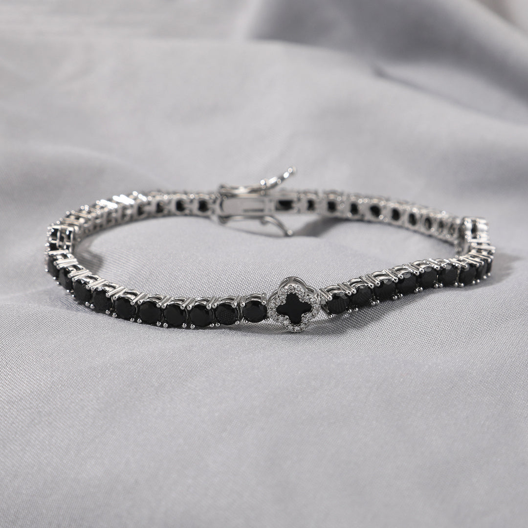 Silver Black Four-Leaf Clover Buckle Bracelet