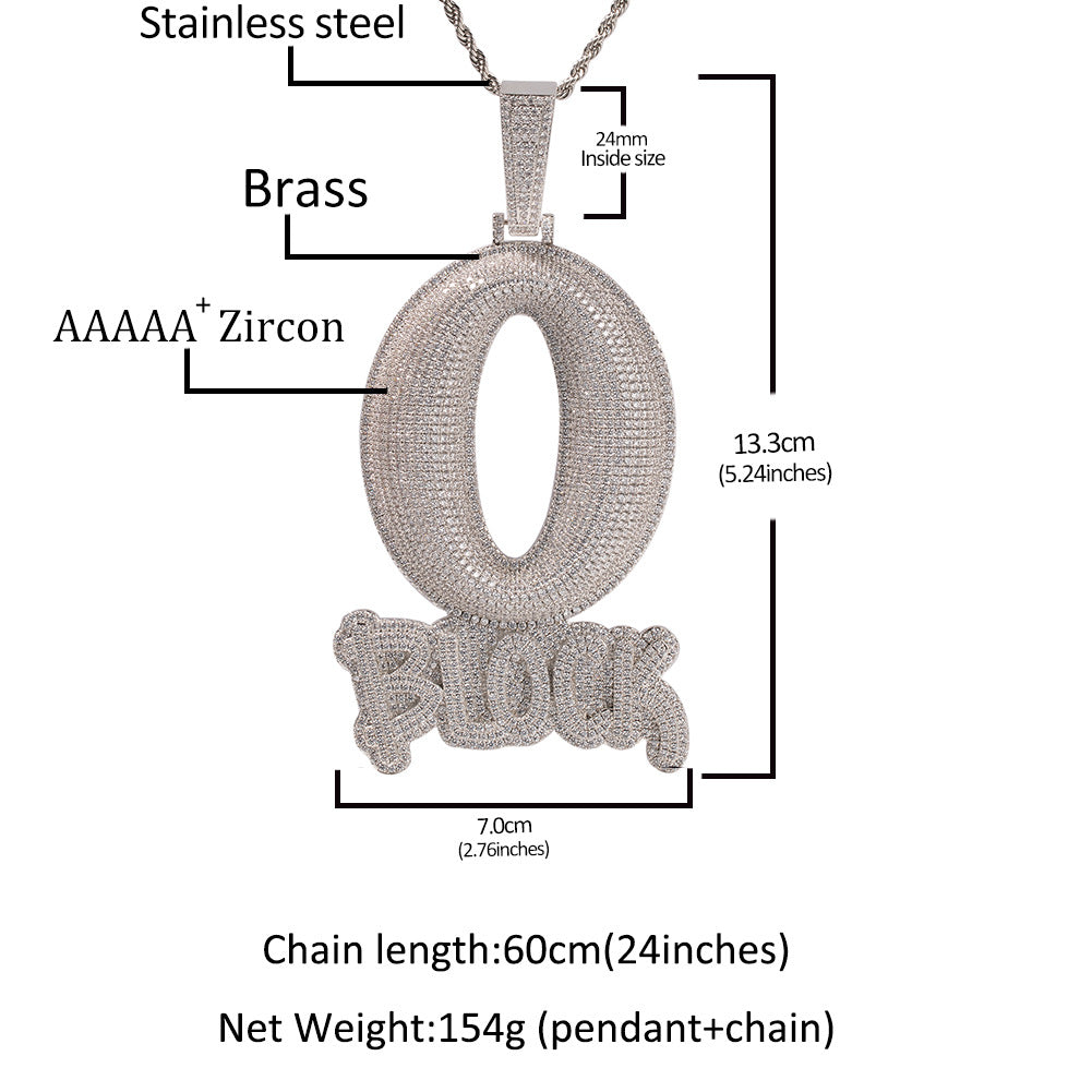 Large "O BLOCK" Letter Pendant with Zirconia Inlay