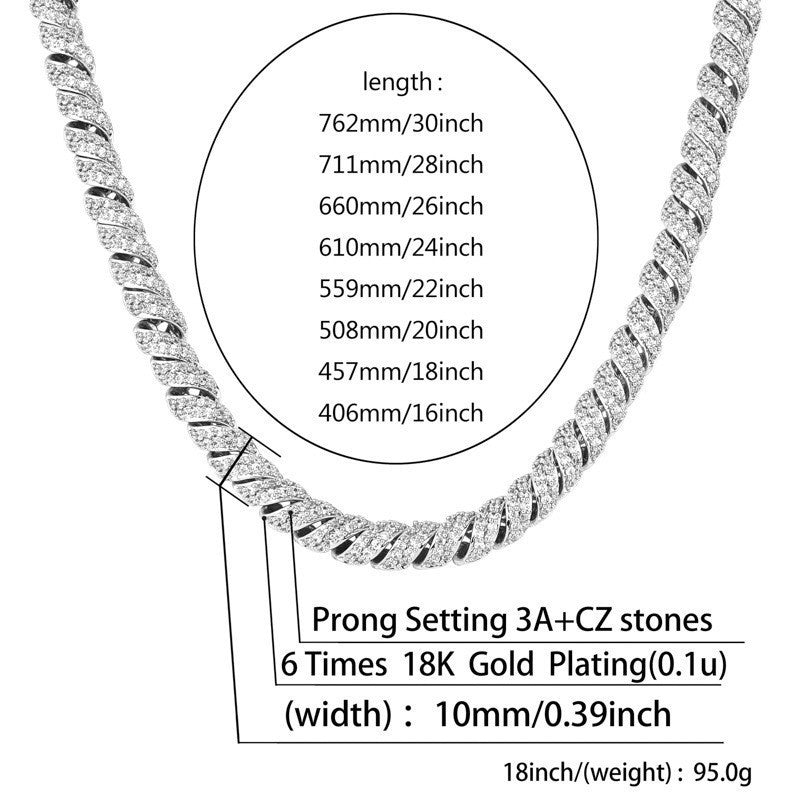 Hemp rope 10mm ice crystal zircon Cuban men's necklace