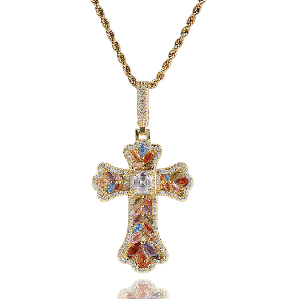 Hip-hop full diamond colorful wheat ear cross pendant