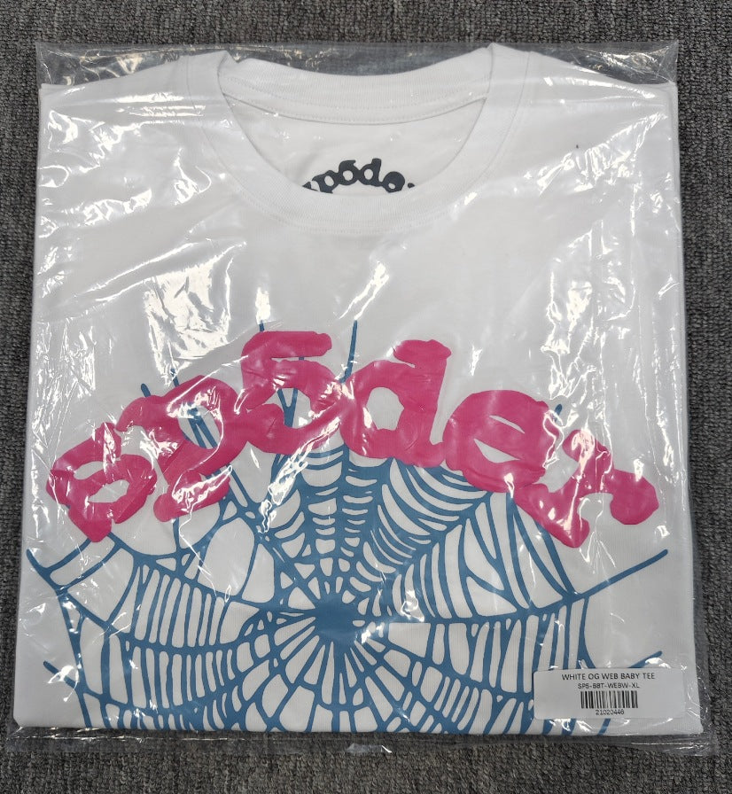 Hip-hop SP5der loose-fitting spider web T-shirt with lettering