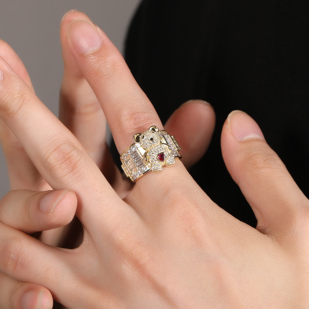 Hip-hop cute bear diamond-encrusted adjustable ring