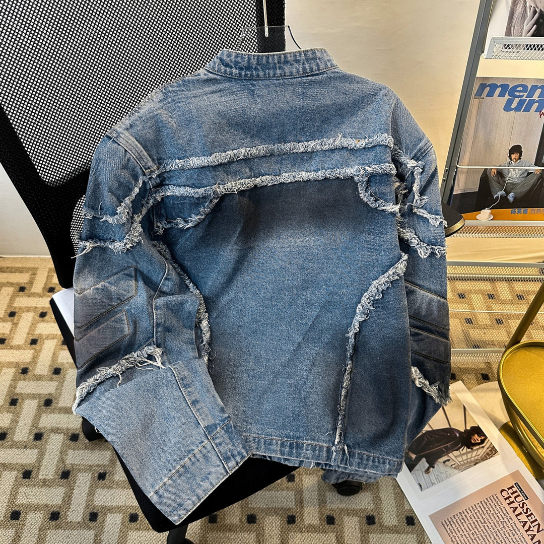 Embossed Raw-Hem Padded-Shoulder Denim Jacket