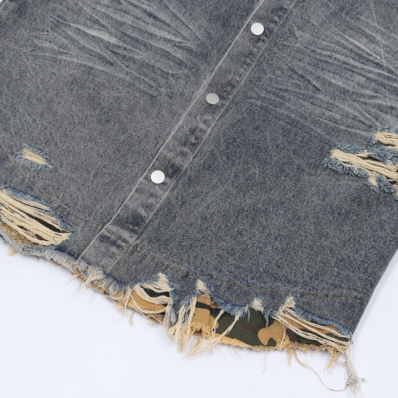 Raw-Hem Leopard-Print Patchwork Denim Shirt & Shorts Set