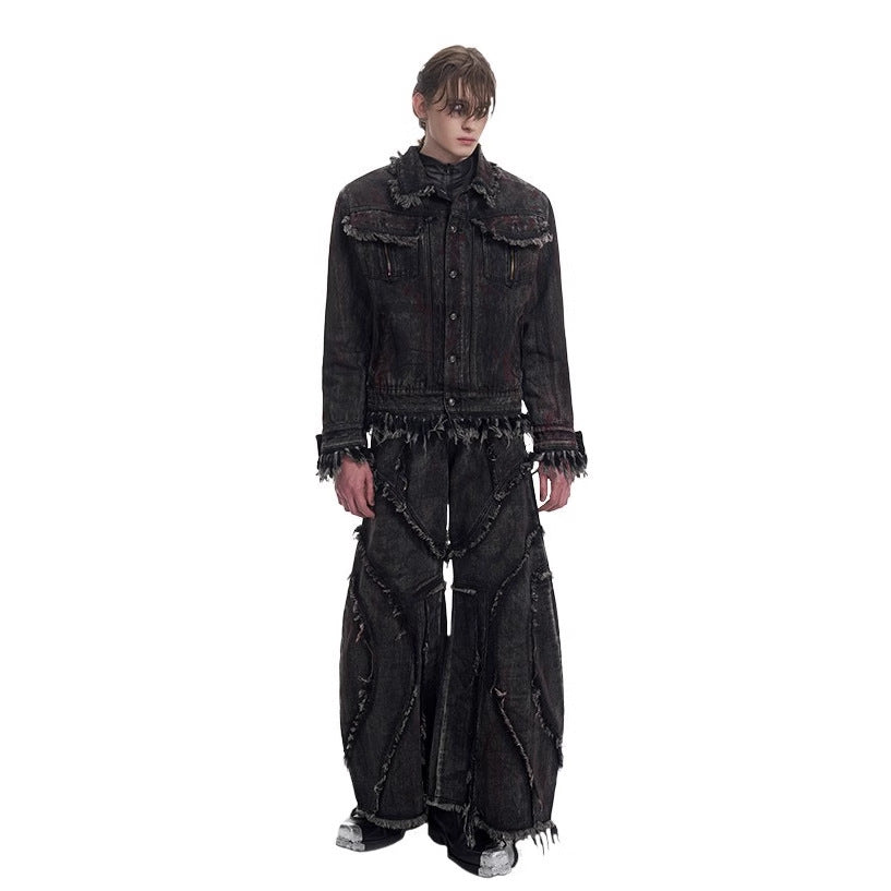 Patchwork frayed hem flared hem jeans